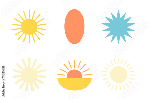 Colorful abstract sun symbols and geometric shapes set in a minimalist retro style design