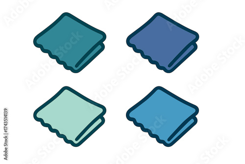 Isometric view of four folded cleaning rags or towels in blue and green colors