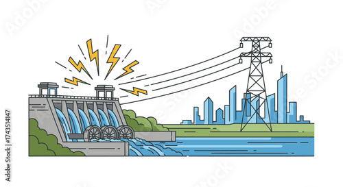 Embrace sustainable energy with this vibrant hydroelectric dam illustration powering a modern city skyline, promoting green solutions and clean power