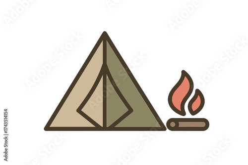 Classic A-frame tent and glowing campfire symbolizing outdoor camping and wilderness recreation