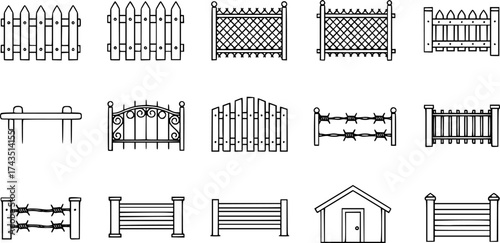 fence, icon, set, simple, vector, isolated, black, walled, fenced, paling, garden, wooden, rural, picket, gate, chain, farm, link, iron, panel, wood, security, barrier, backyard, home, village, stone,