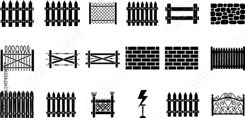 fence, icon, set, simple, vector, isolated, black, walled, fenced, paling, garden, wooden, rural, picket, gate, chain, farm, link, iron, panel, wood, security, barrier, backyard, home, village, stone,