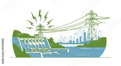 Harnessing renewable energy from a hydroelectric dam with transmission towers against a cityscape, powering a sustainable future now