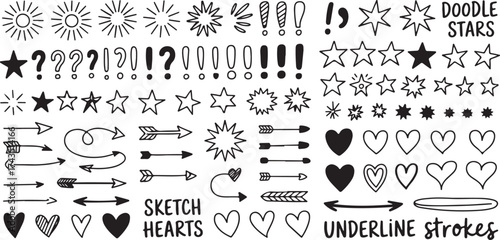 Collection of hand drawn sketchy stars arrows hearts and punctuation marks