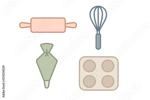 Essential kitchen tools for baking pastries and desserts including whisk and rolling pin