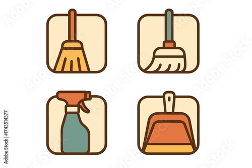 Retro style household cleaning equipment set featuring broom, hand brush, spray bottle, and dustpan