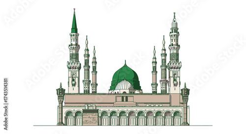 Discover the architectural grandeur of Al-Masjid an-Nabawi with its iconic green dome, perfect for travel blogs or religious studies materials