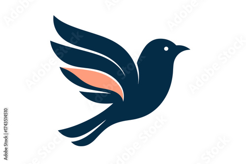 Elegant stylized flying dove or swallow silhouette with contrasting wing detail in dark blue and coral