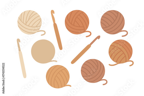 Repeating pattern of knitting and crocheting tools featuring yarn balls and hooks