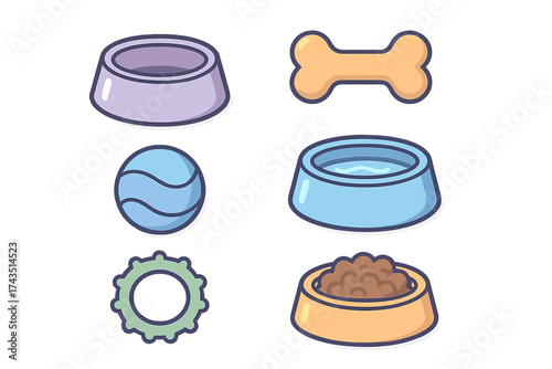 Essential dog accessories and supplies including feeding bowls, water dish, bone, and play toys