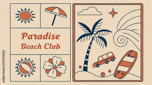 Retro surf poster design with a vintage feel featuring ocean waves and a beach scene in vibrant colors