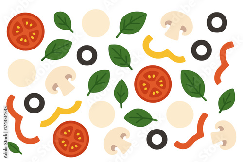 Seamless pattern of essential pizza ingredients including tomato, basil, mozzarella, mushrooms, and olives