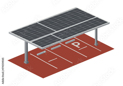 Isometric illustration of a solar panel array integrated into a parking lot. Clean, modern design with a 'Inspect Solar' logo. Suitable for commercial use.
