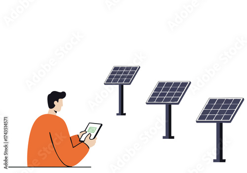 A man checks solar panels with a tablet outdoors. Modern, clean design showcasing sustainable energy. Bright, optimistic scene.