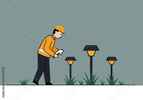 A maintenance worker inspects park lights, checking for functionality. Clear, bright illustration with a focus on urban infrastructure. Suitable for commercial use.