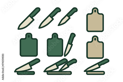 Collection of essential cooking utensils including chef knives and chopping boards