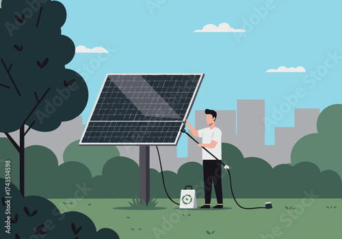 A man cleans a solar panel outdoors, maintaining renewable energy. Clean, modern illustration with a green landscape backdrop. Focus on sustainability and maintenance.