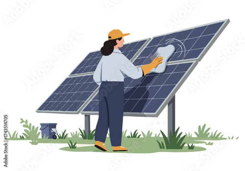 A female professional cleans solar panels in a park setting. Bright, clean, and showcasing sustainable energy. Modern illustration.