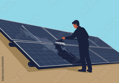 A professional man cleans solar panels with a brush, ensuring optimal energy production. Clean, modern, and visually appealing.