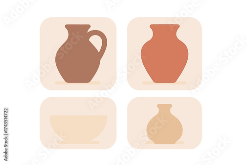Minimalist icons of traditional clay pottery vessels and ceramic earthenware