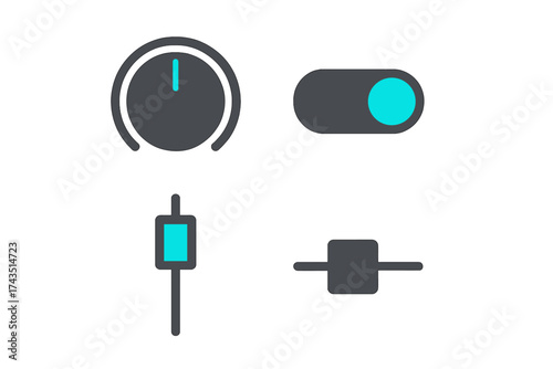 Modern user interface controls set featuring rotary dial, toggle switch, and volume sliders
