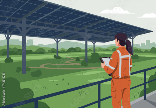 A female professional monitors a solar canopy farm