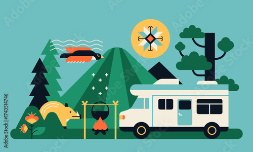 Forest campsite - colorful flat design style illustration