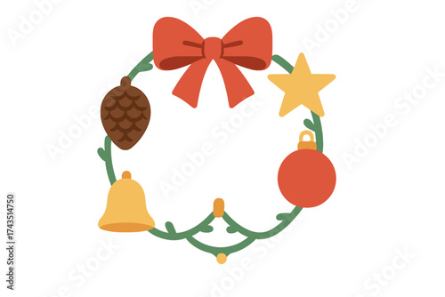 Traditional Christmas wreath with red bow, pinecone, star, bell, and round ornament