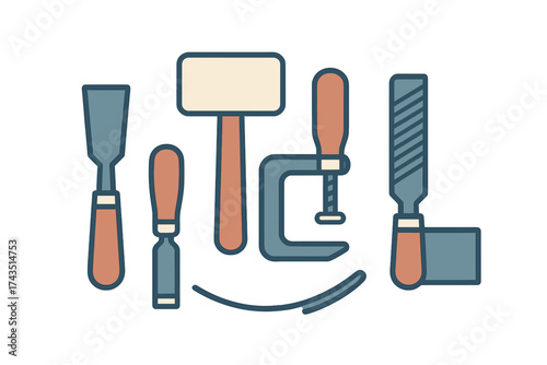 Woodworking hand tools set including chisel, mallet, clamp, and rasp for carpentry