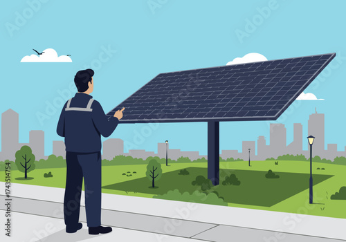 A professional man inspects a large solar panel array in a park setting. Modern renewable energy, sustainable technology, and a bright cityscape backdrop. Clear, focused composition.