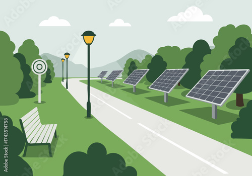 serene landscape featuring solar panels and streetlights showcasing sustainable energy Bright modern illustration with a green park setting Ideal for environmental or renewable energy concepts