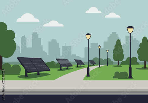 A serene park scene features solar panels alongside a pathway, framed by trees and a distant cityscape. A modern, inviting landscape illustration.