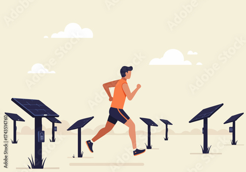 A runner exercises near solar panels in a scenic outdoor setting. Modern, vibrant illustration with a focus on sustainability and active lifestyle.