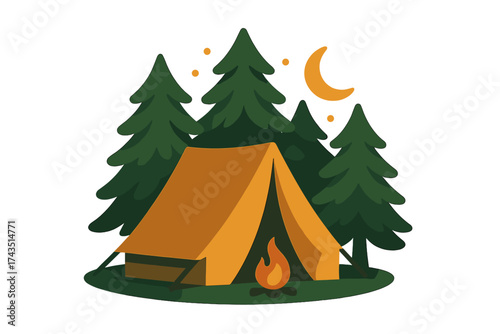 Cozy nighttime camping scene with an orange tent, glowing campfire, and evergreen trees under a crescent moon