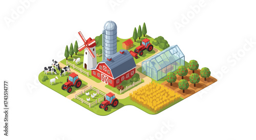 Isometric Farm Red Barn Tractor wheat field orchard Cows