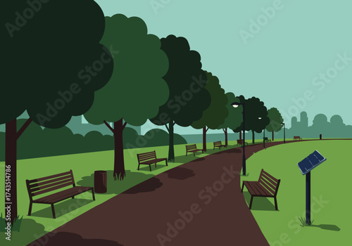 A serene park scene featuring solar-powered streetlights and benches. A pathway leads towards a distant cityscape.  Modern, inviting, and ideal for lifestyle or environmental themes.
