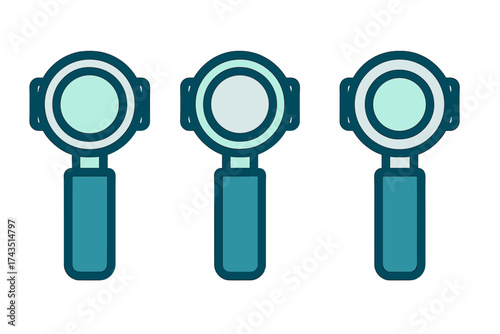 Three stylized espresso machine portafilters in blue and teal colors arranged in a row