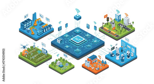 Isometric Smart City Town IOT Internet of things factory farm and park