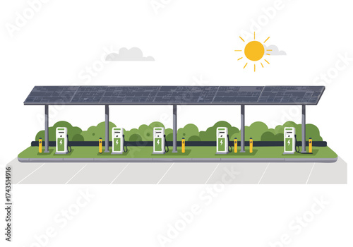 vibrant illustration showcases a solar panel array with charging stations bathed in sunlight It depicts -Green Energy Glow- - a modern sustainable energy scene Perfect for eco-friendly concepts