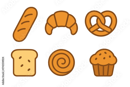 Simple graphic icons set featuring popular bakery items like croissant pretzel and muffin