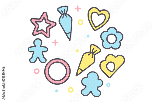 Colorful collection of baking tools piping bags and various shaped cookie cutters