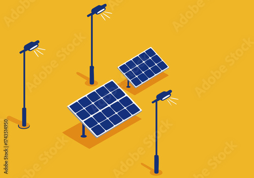 A vibrant isometric illustration showcases solar panels powering streetlights. Clean lines and a bright yellow background highlight sustainable energy. Perfect for commercial use.