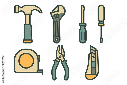Essential collection of construction and repair hand tools including hammer wrench and screwdrivers