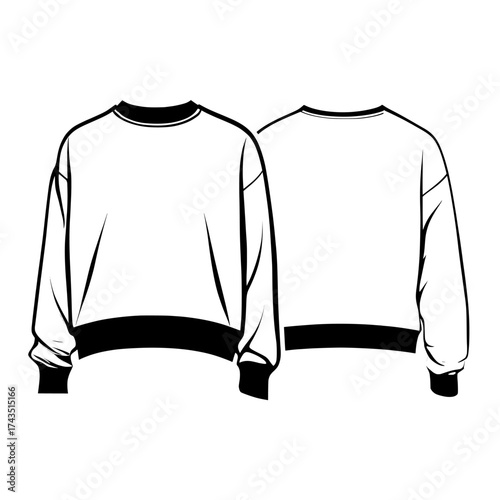 Technical fashion illustration featuring a roll neck, cropped sweatshirt, presented in a flat technical drawing template, with front and back views, available in white, and including zip-up, raw, and