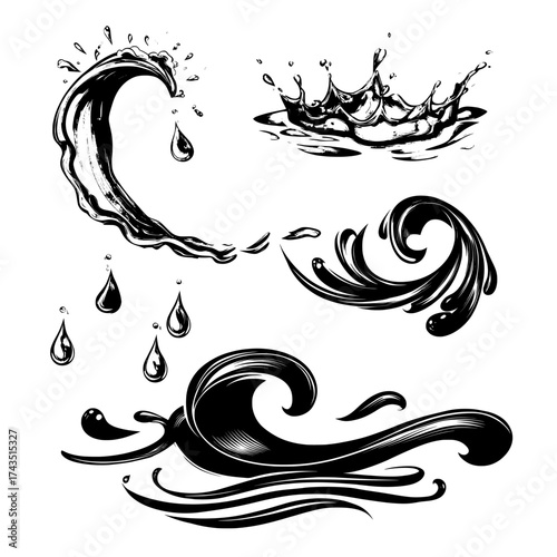 A modern cartoon set featuring liquid water splashes, falling aqua drops, and sea or ocean waves that swirl, also includes blue water motion effects, including flows, streams, spills, and a crown