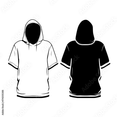 Flat sketch illustration of a hoodie t-shirt design, featuring a short sleeve hooded sweatshirt with views from the front and back, suitable as a winter jacket for both men and women