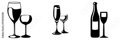 Modern illustration of champagne or white wine in a glass, representing wine, champagne, and other alcoholic beverages, typically found as an icon on a bar menu isolated on a white background