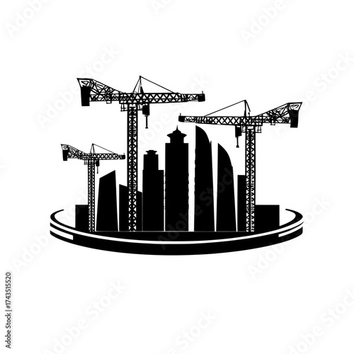 Construction cranes and buildings are prominently displayed in a city's urban skyline, isolated on a transparent background for design use