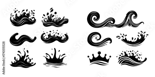 A set of graphic elements in flat design featuring water splashes has been created, including various curl waves and liquid flow, as well as pure splashing and swirl aqua motion with a crown and