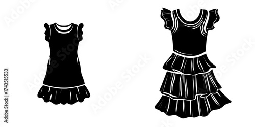 The fashion of a sleeveless summer dress with a pleated and ruffled design for girls is depicted in a flat style